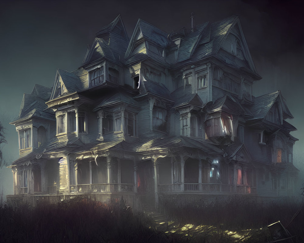 Dilapidated Victorian mansion in mist with eerie lights