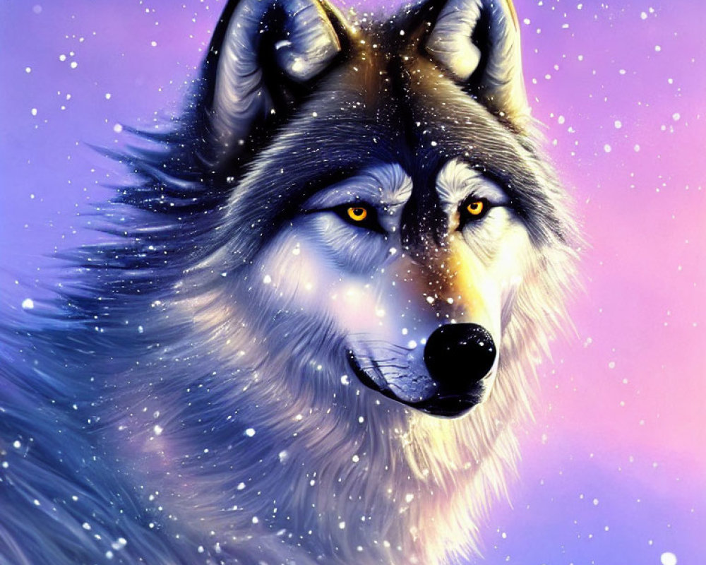 Detailed Wolf Illustration on Starry Snowflake Background