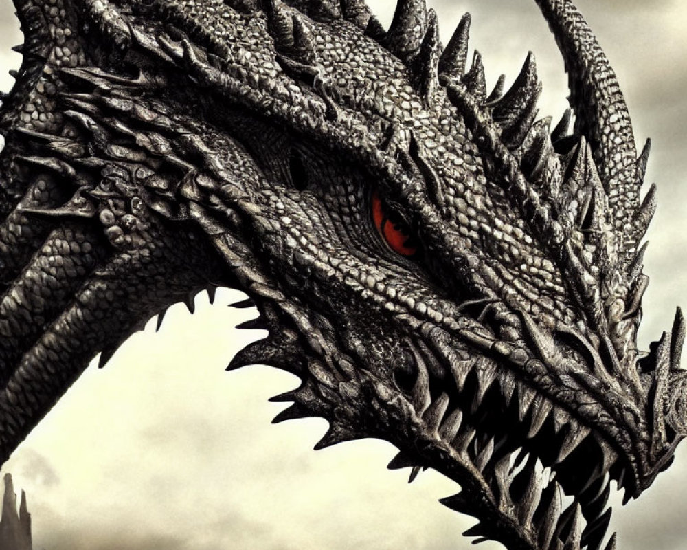 Detailed menacing dragon with red eye in cloudy sky