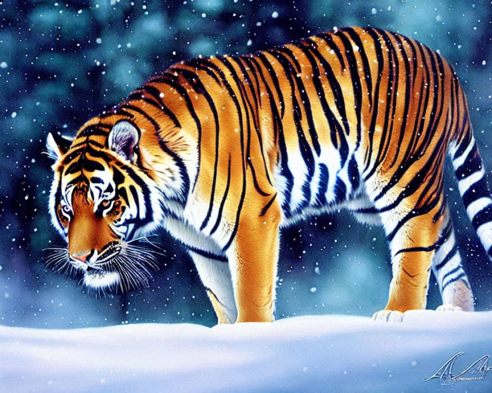 Majestic tiger in snowy landscape with orange and black stripes