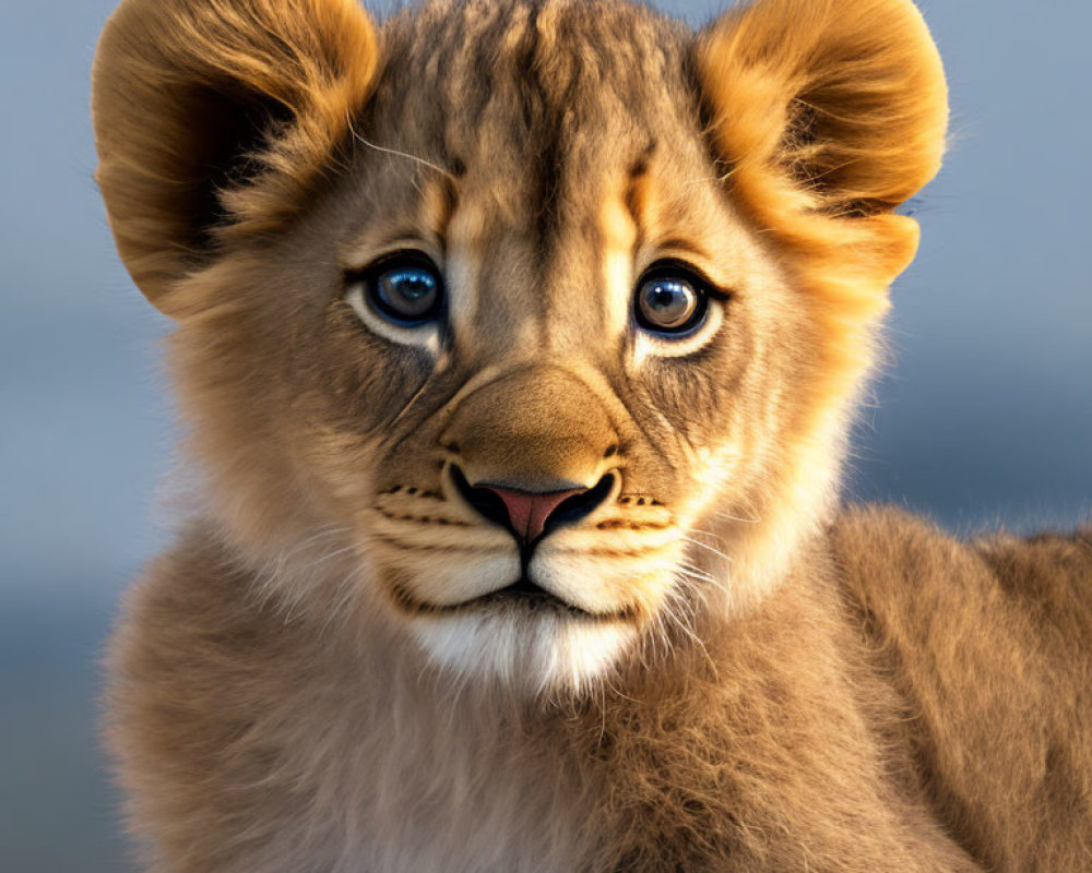 Young lion cub with soft mane and blue eyes in close-up view