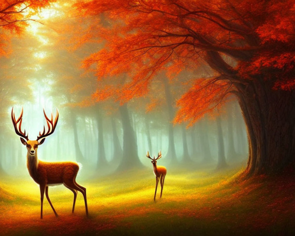 Two deer in mystical forest with fiery orange autumn leaves, sunbeams, and shadowy trees