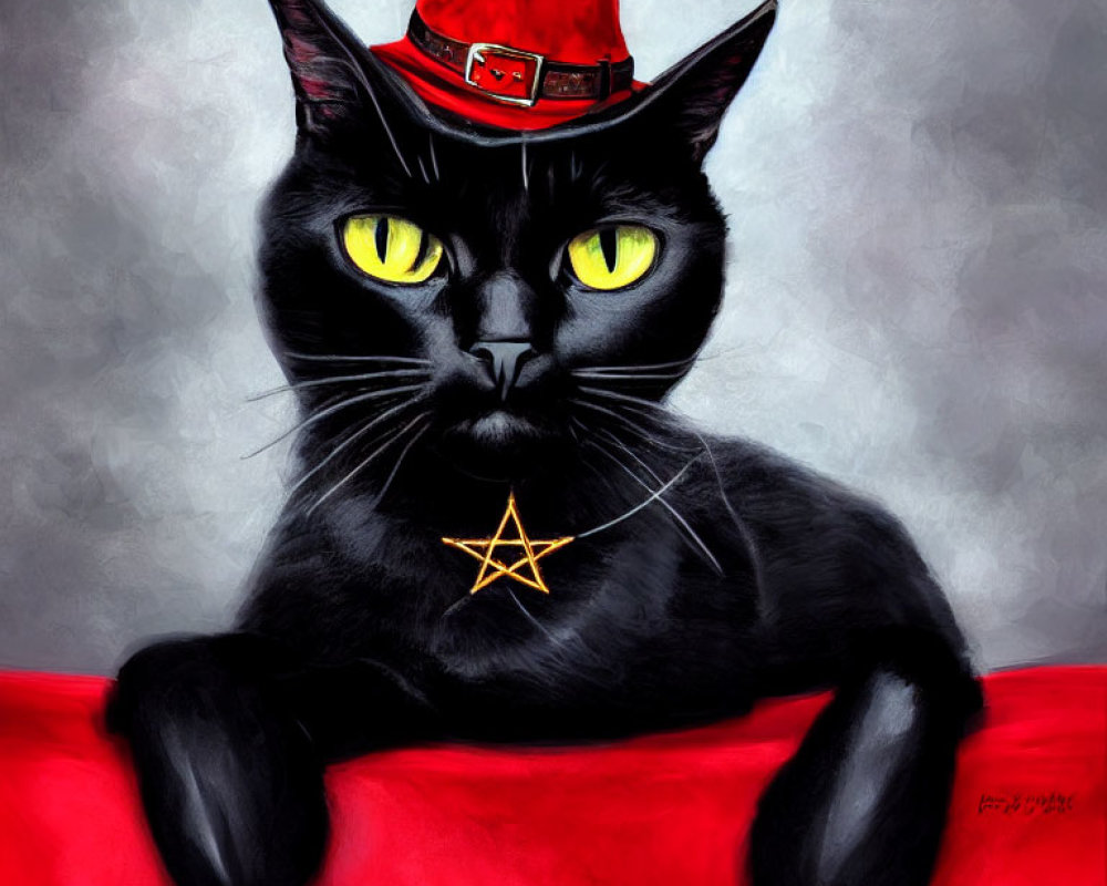 Black Cat with Yellow Eyes in Witch Hat and Star Pendant on Grey Background