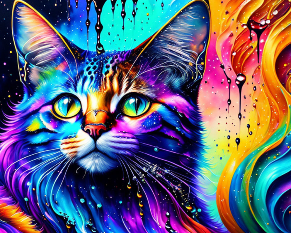 Colorful Psychedelic Cat Illustration with Vibrant Hues