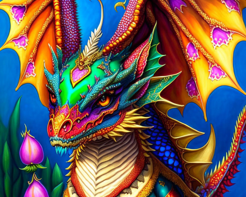 Colorful Dragon with Intricate Scales and Grand Wings on Blue Background