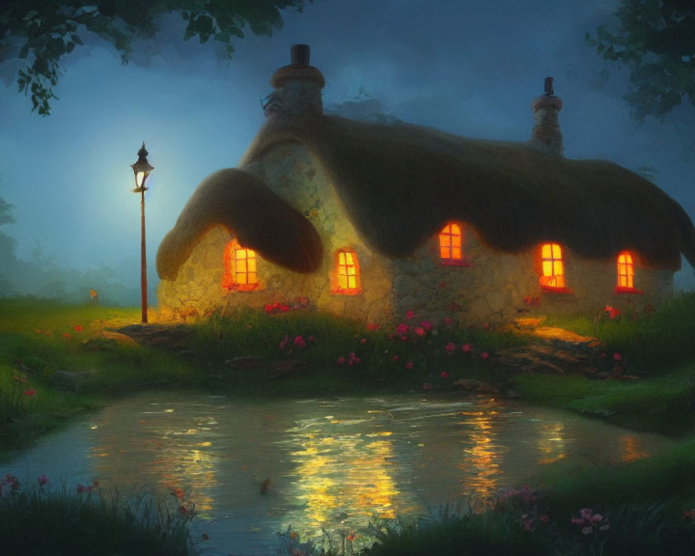 Rural cottage at twilight with glowing windows and lamp post