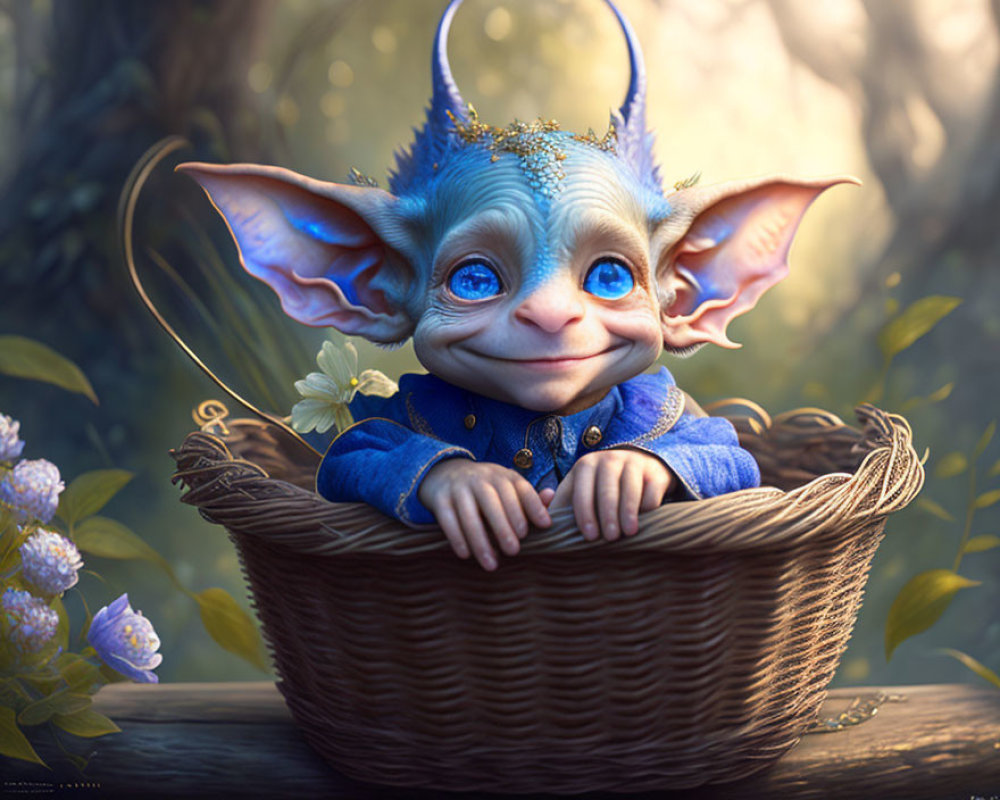 Blue creature with pointed ears in wicker basket among flowers