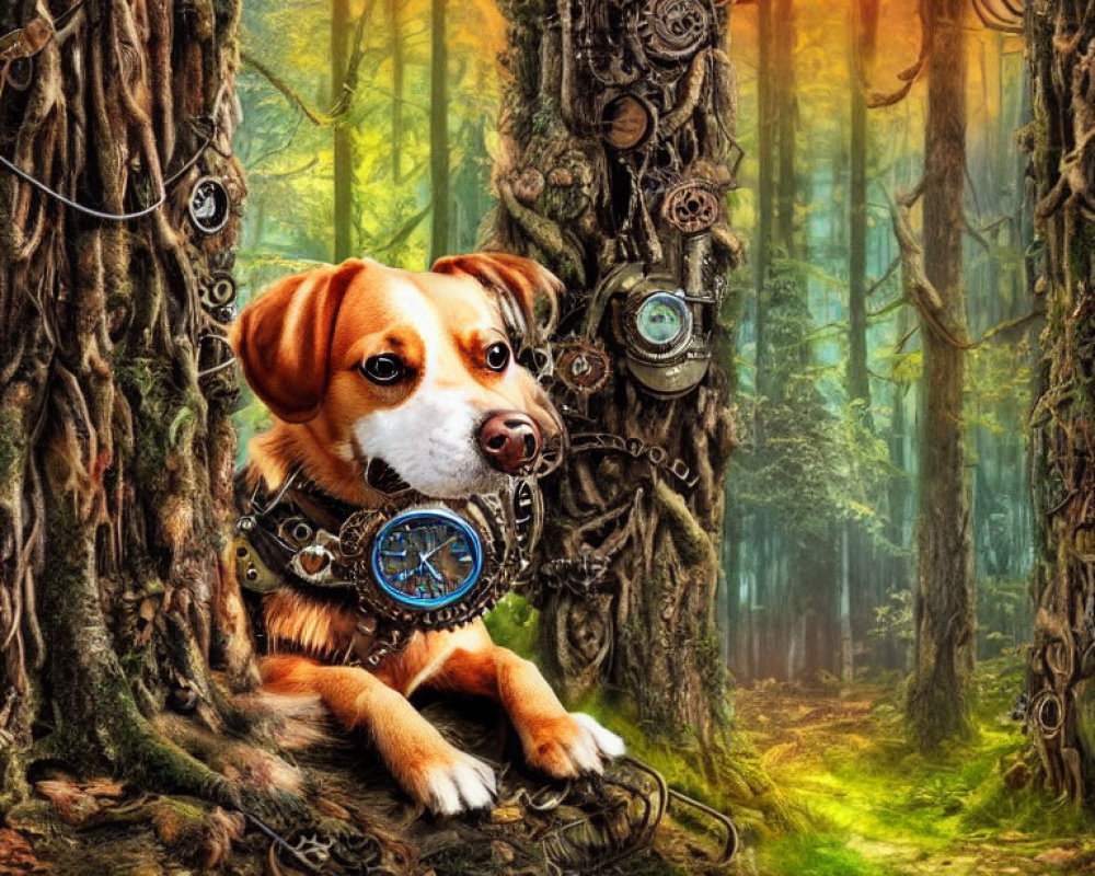 Steampunk-style collar on dog in vibrant mystical forest