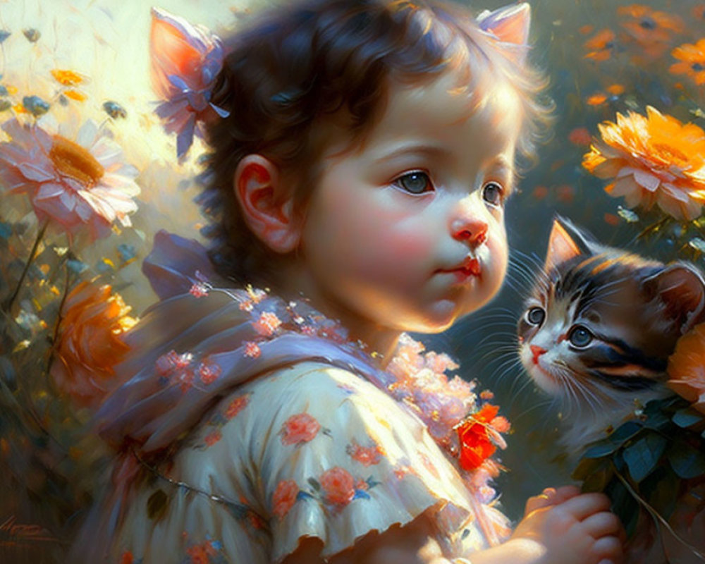 Vibrant painting of child, cat, and flowers in sunlight