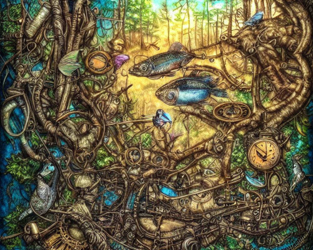 Circular Surreal Artwork: Mechanical Parts, Fish, Tree Branches & Foliage on Golden