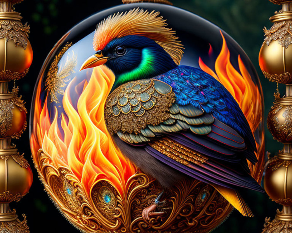 Colorful bird surrounded by flames in ornate frame on dark background