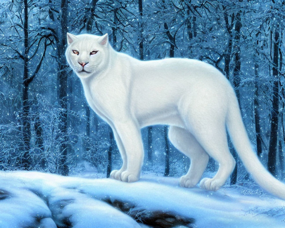 White Cat with Piercing Eyes in Snowy Forest Scene