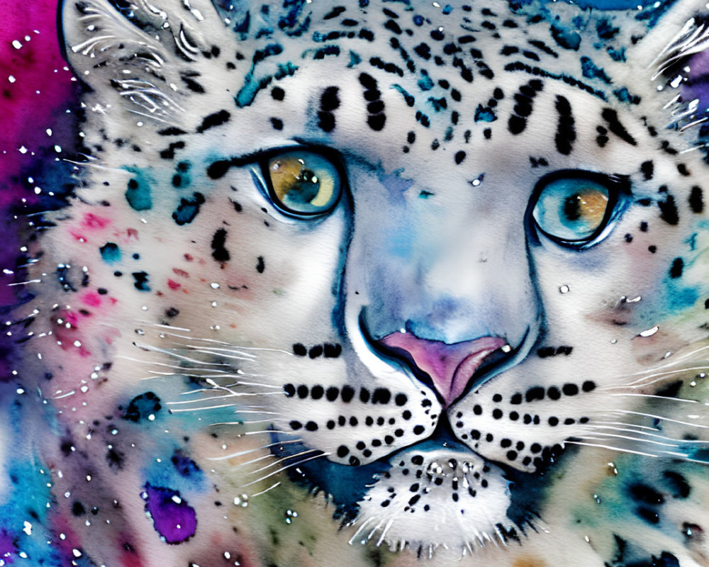 Snow leopard portrait in vibrant watercolor art