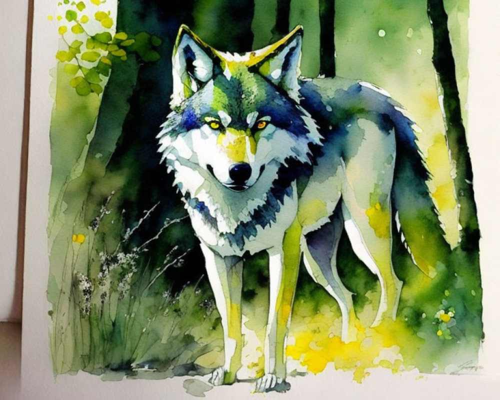 Colorful Watercolor Painting: Wolf in Green Forest with Yellow Eyes