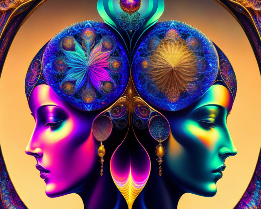 Vibrant symmetrical female profiles with psychedelic patterns and ornate jewelry on warm backdrop