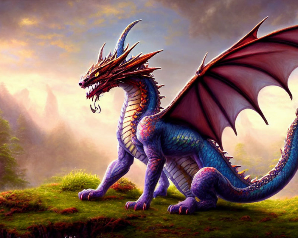 Blue dragon with open wings on grassy cliff in serene landscape