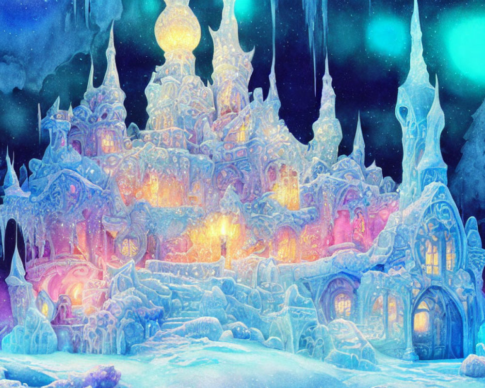 Enchanting ice castle at night with glowing windows and aurora lights