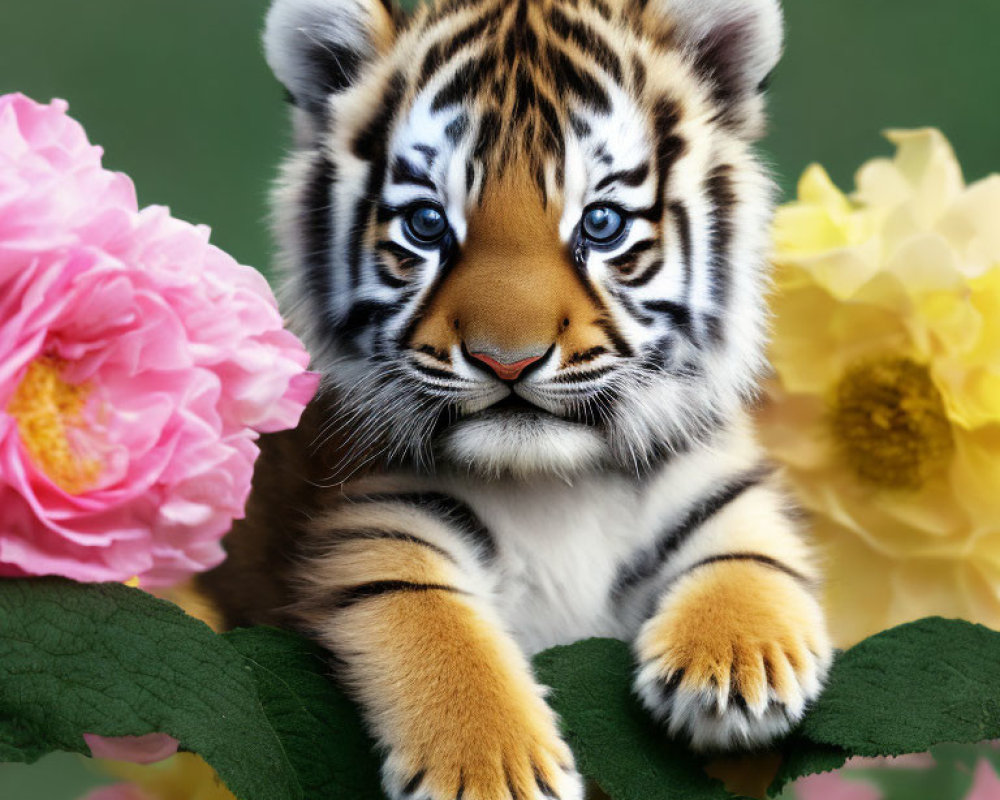 Tiger Cub with Blue Eyes Among Pink and Yellow Flowers