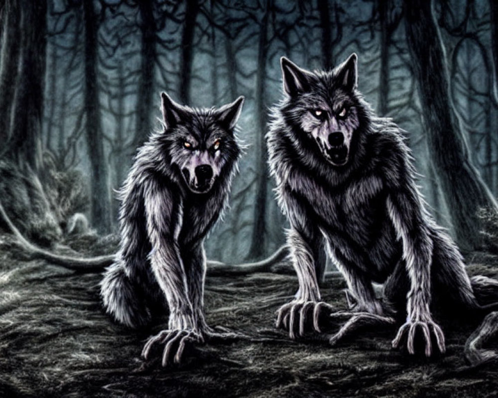 Dark forest scene: Two snarling wolves under night sky