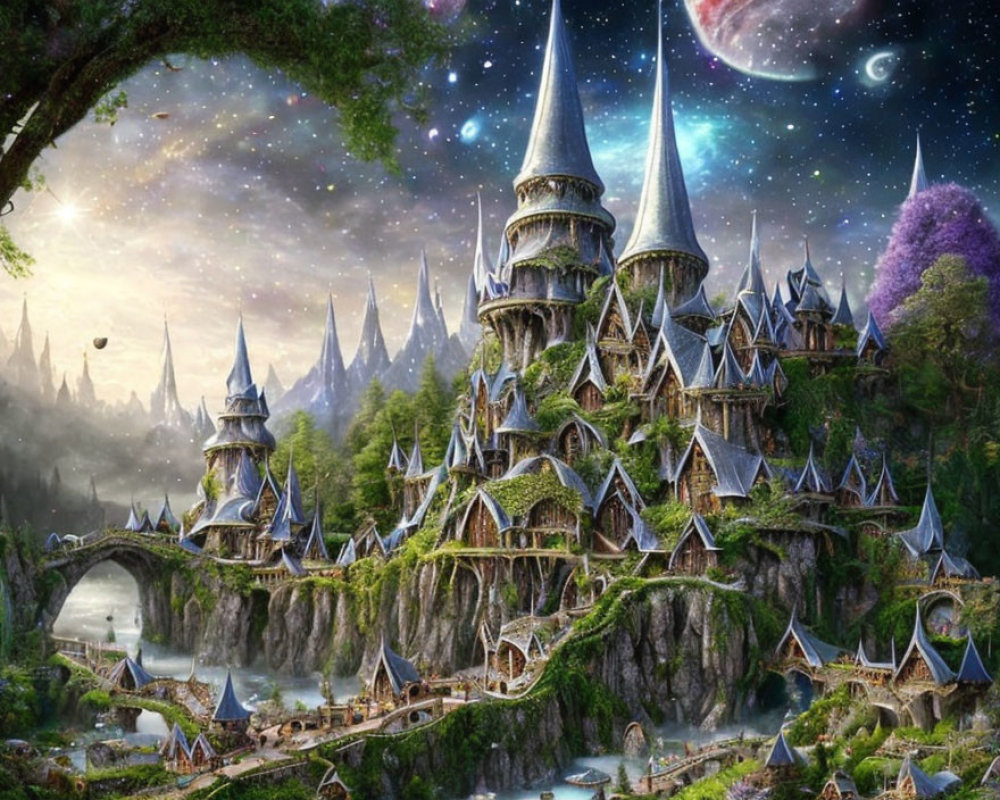 Fantastical castle with spires in forested landscape under starry sky