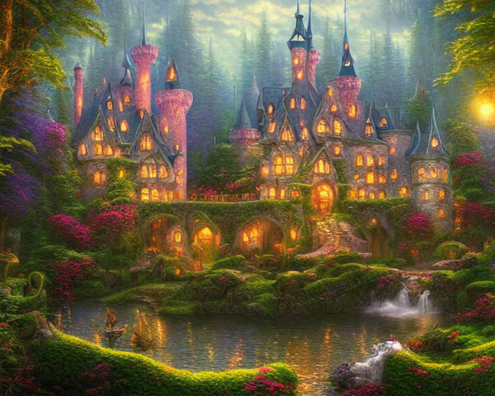 Fairytale castle in lush forest with waterfall and glowing light