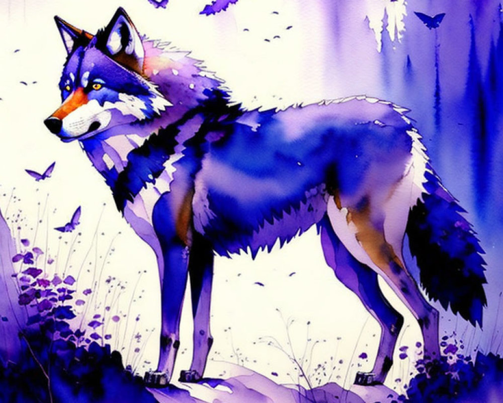 Purple and Blue Watercolor Wolf in Mystical Forest Scene