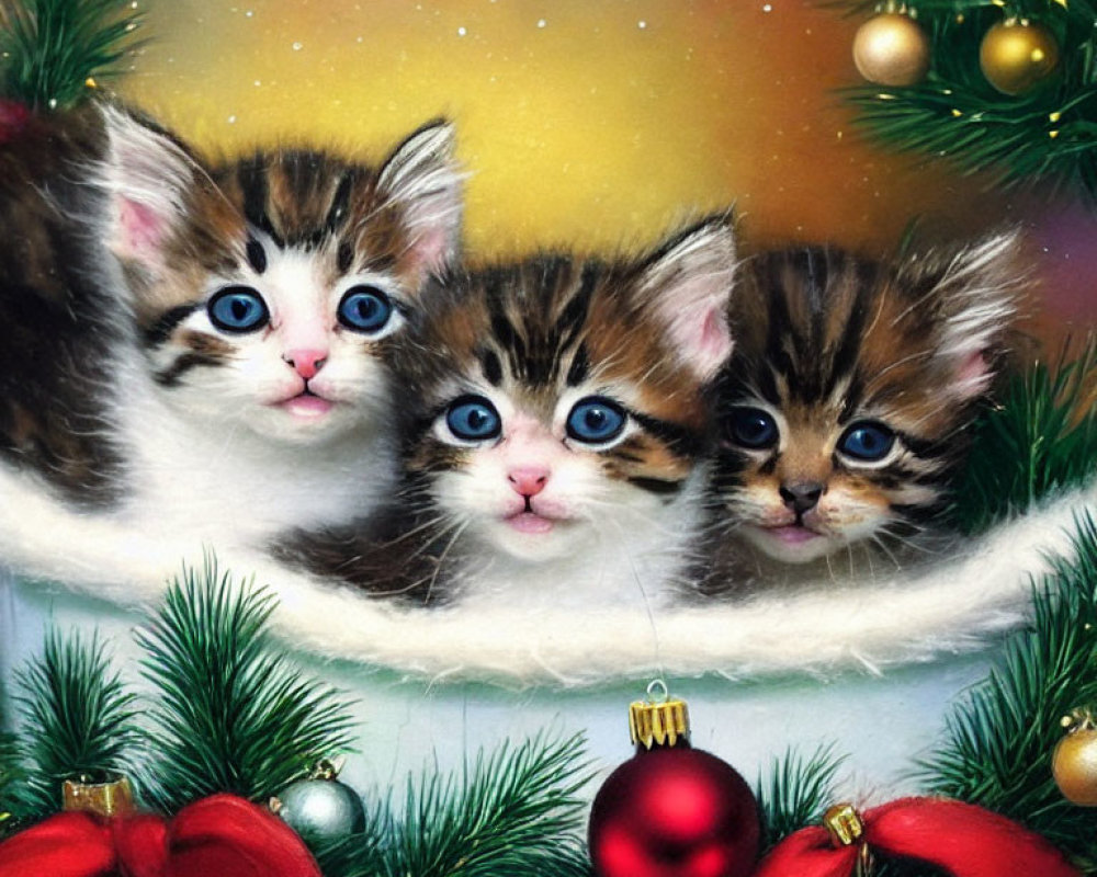 Three kittens behind a Christmas wreath with baubles and bows