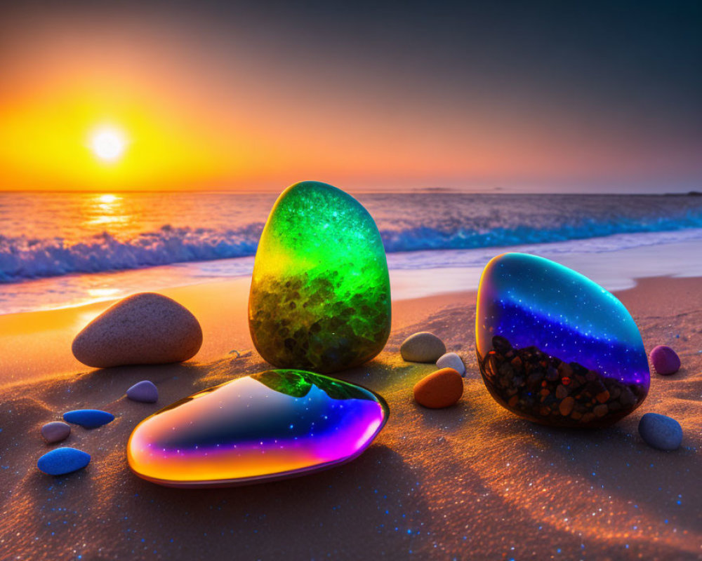 Vibrant resin art on beach at sunset with waves and pebbles