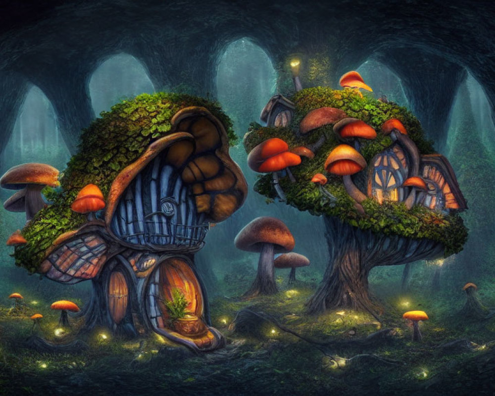 Enchanting forest scene with fairy tale treehouses & glowing mushrooms