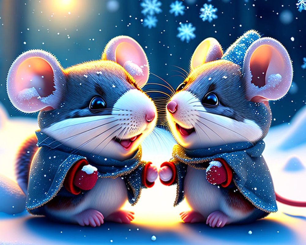 Two animated mice in winter clothes holding hands in falling snowflakes on a magical wintry night.