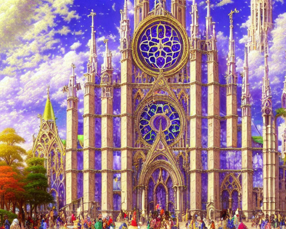 Colorful fantasy cathedral with stained glass windows and towering spires