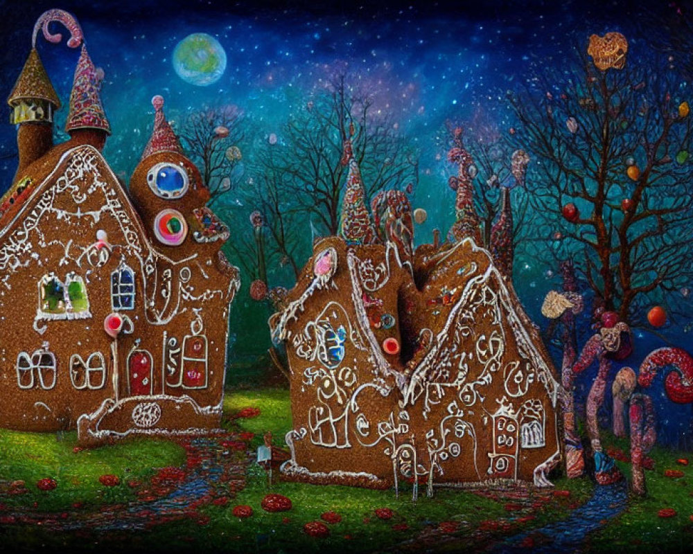 Whimsical fantasy illustration of starlit gingerbread houses and cookie trees under a green moon