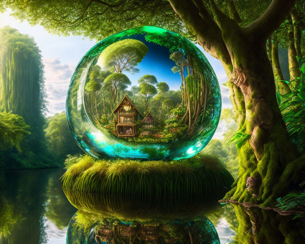 Enchanting forest landscape with reflective bubble and quaint house