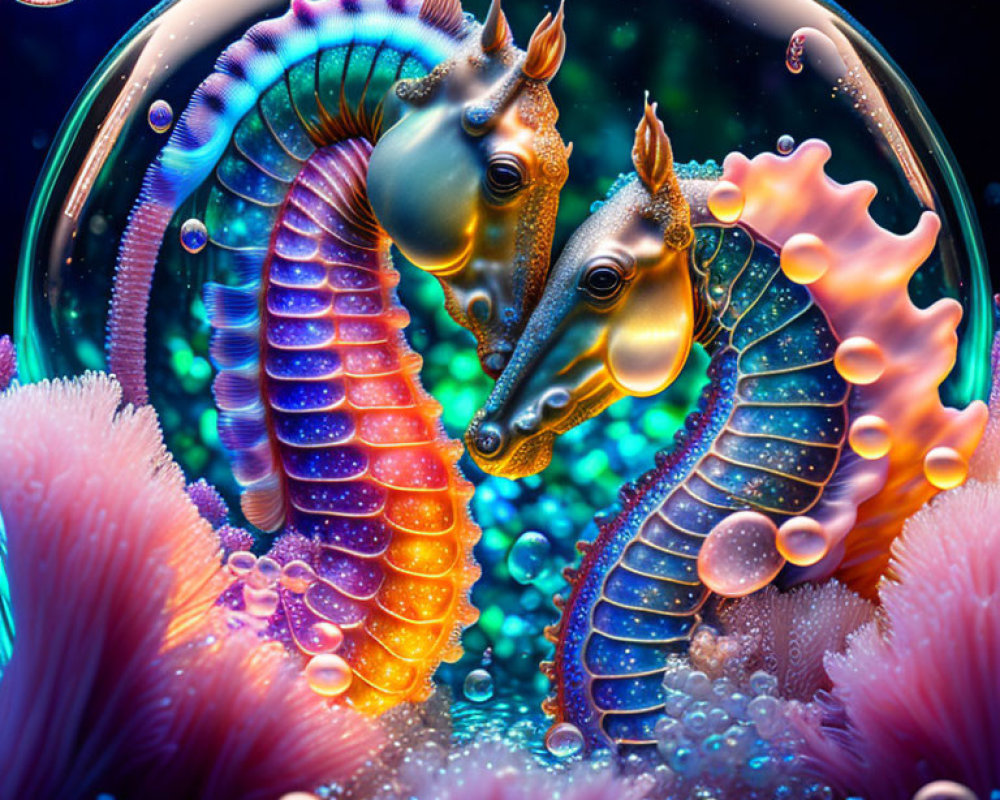 Vibrant colorful seahorses in neon hues surrounded by underwater flora and bubbles