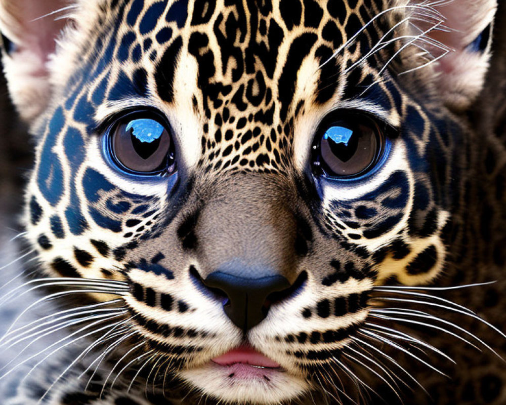 Young jaguar with vibrant blue eyes and intricate fur patterns.