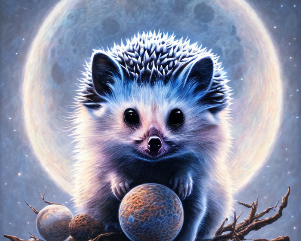 Illustrated hedgehog on branch with large moon and distant planets