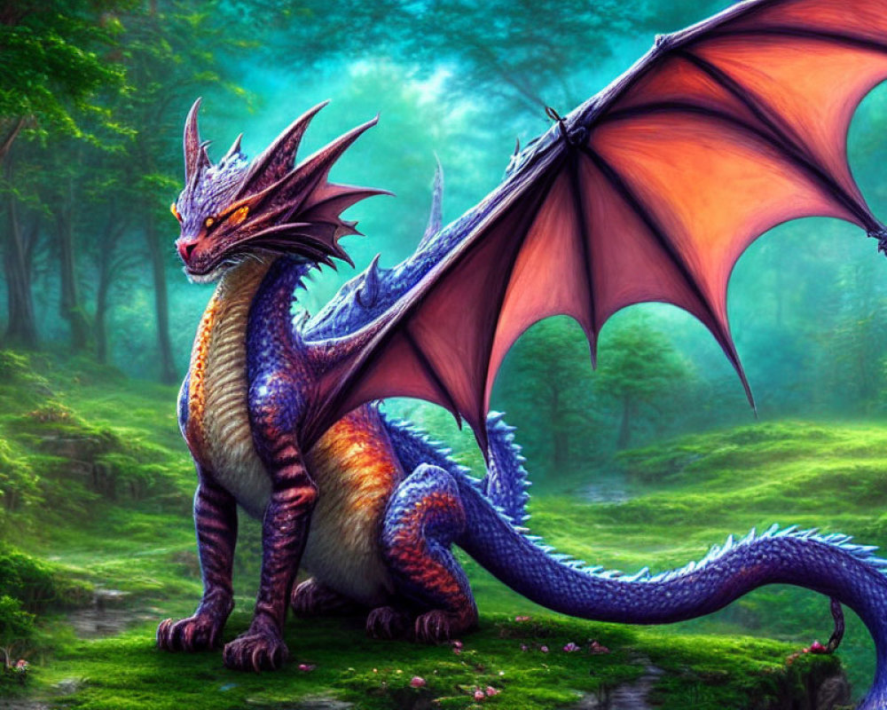 Blue and Orange Dragon in Lush Forest Clearing with Flying Companion