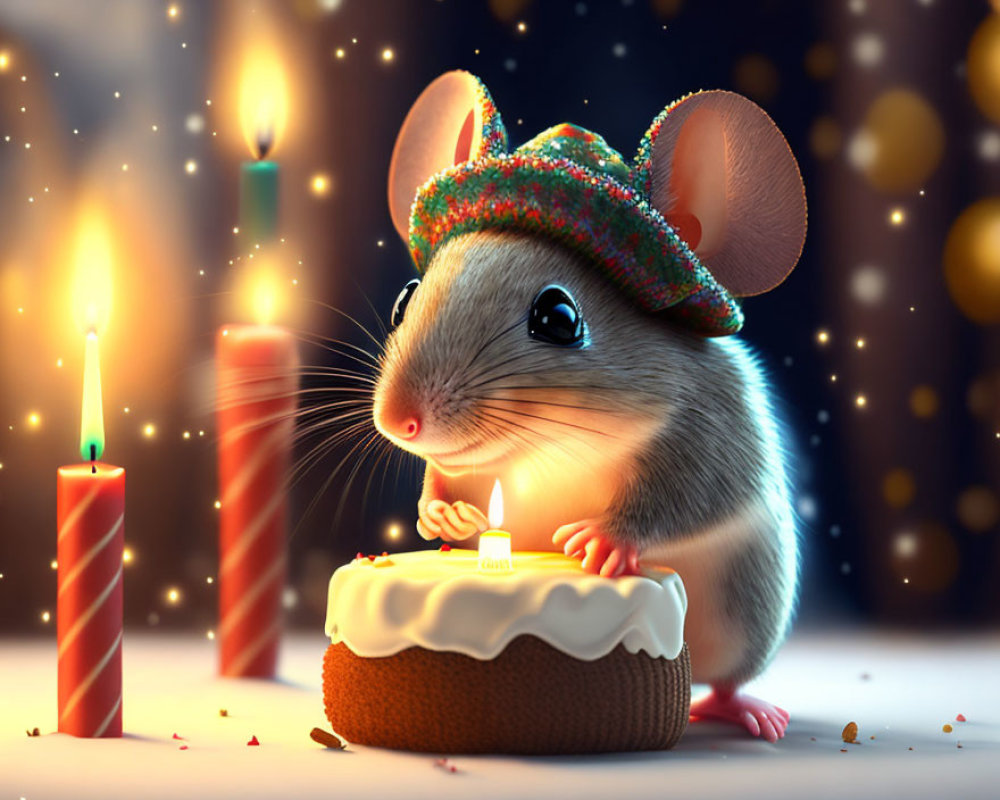 Animated mouse with colorful hat next to birthday cake in festive setting