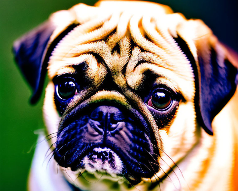 Wrinkled-faced pug with big eyes on green background