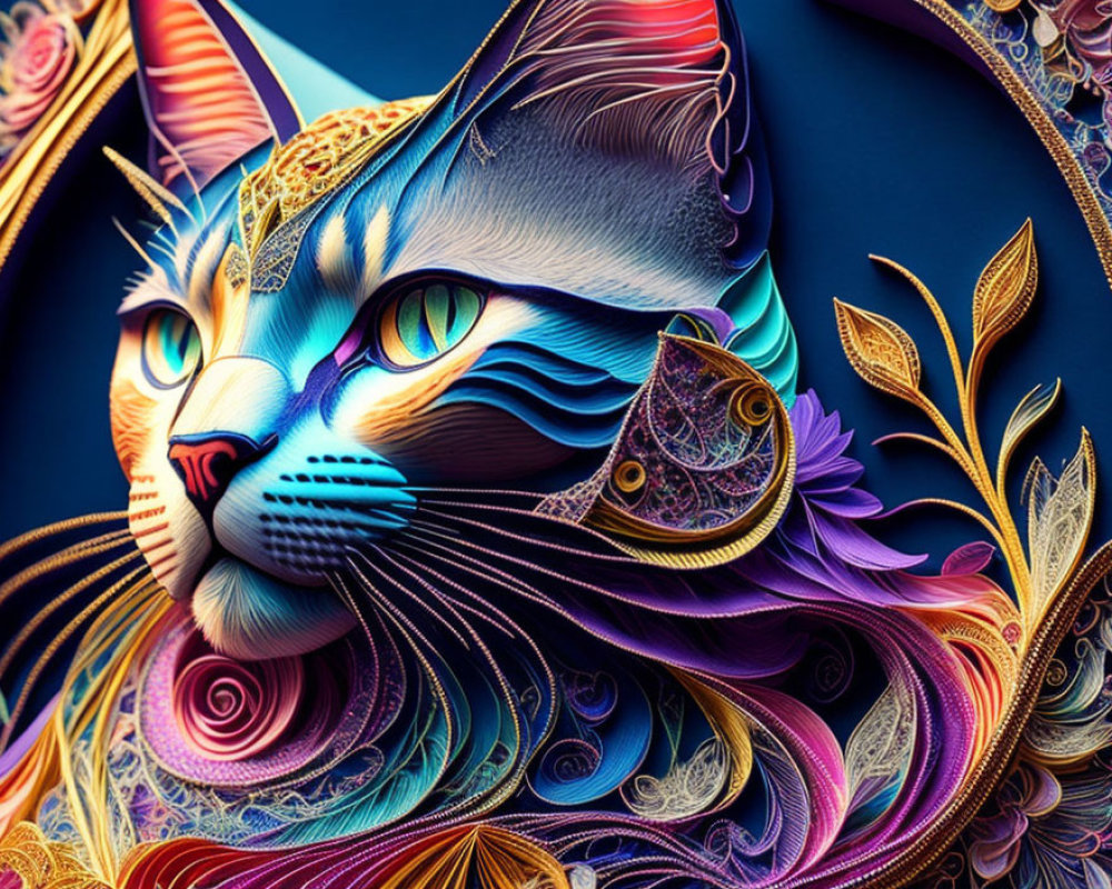 Colorful Stylized Cat Artwork with Intricate Patterns