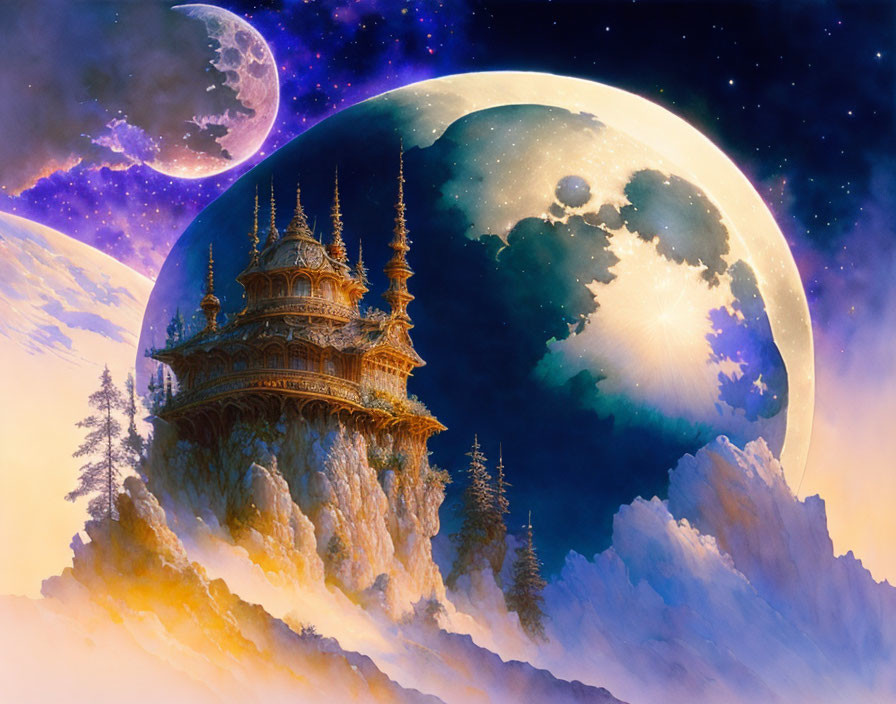 Fantastical landscape with ornate castle on rugged cliff, surrounded by trees under sky with two moons