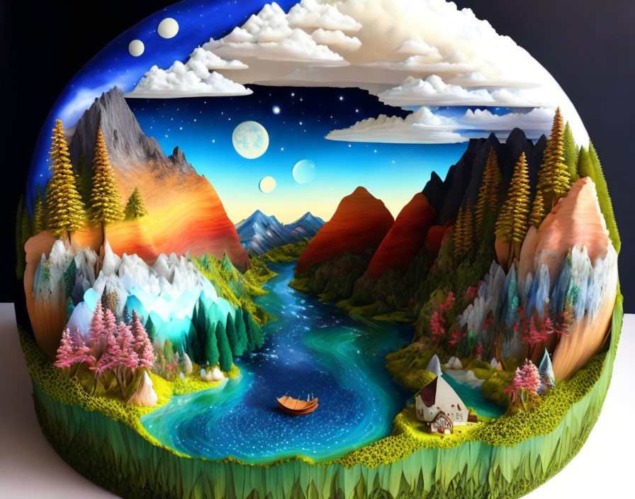 Intricate landscape scene on cake: mountains, river, trees, boat, house, day-to