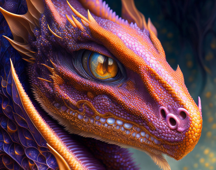 Detailed Orange and Purple Dragon with Scales and Horns on Dark Background