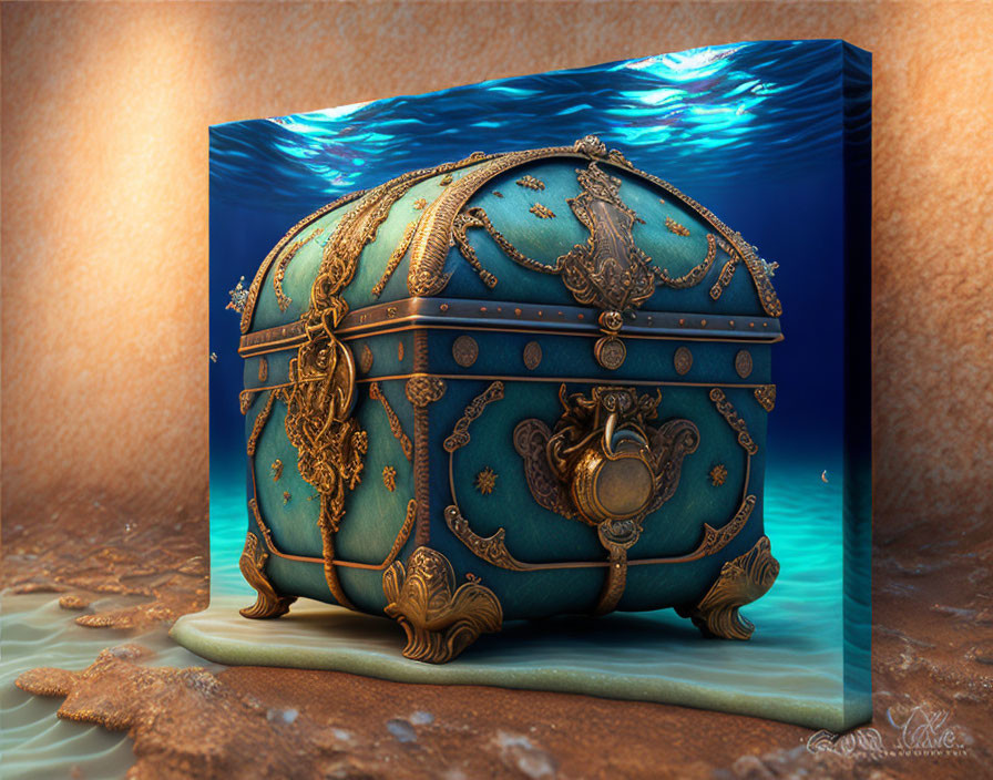 Vintage Treasure Chest with Gold Detailing Submerged in Water