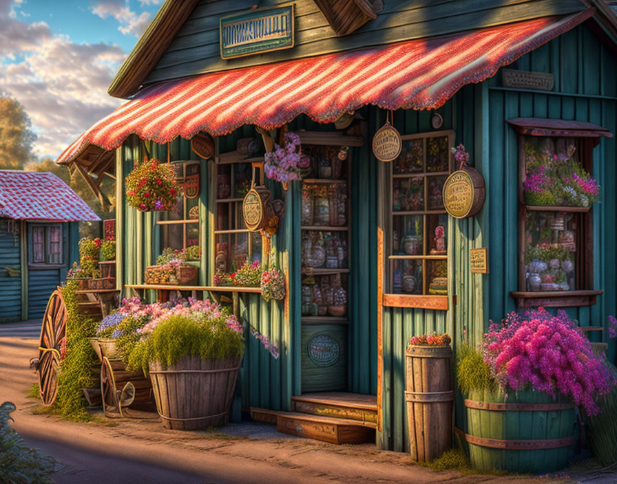 Charming wooden shop with floral decorations and rustic ambiance