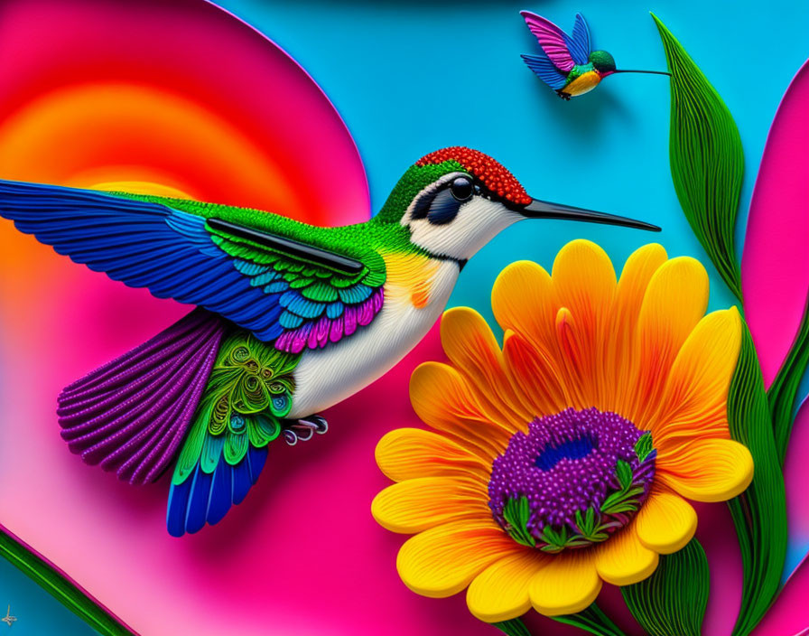 Colorful hummingbird paper art with flower and leaves