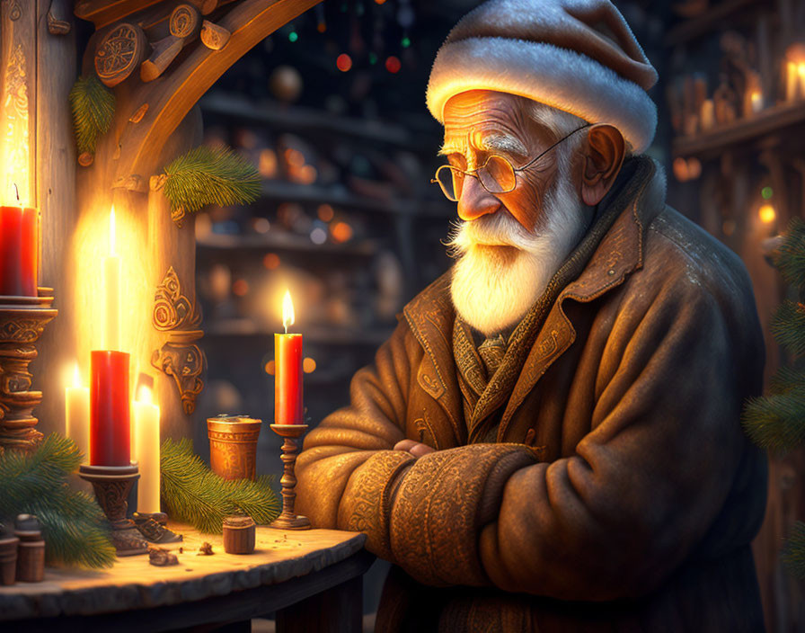 Elderly man in glasses by candlelight in cozy festive scene