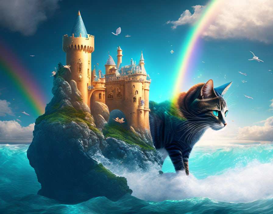 Large cat surfing on ocean waves near fairy-tale castle with rainbows and seagulls