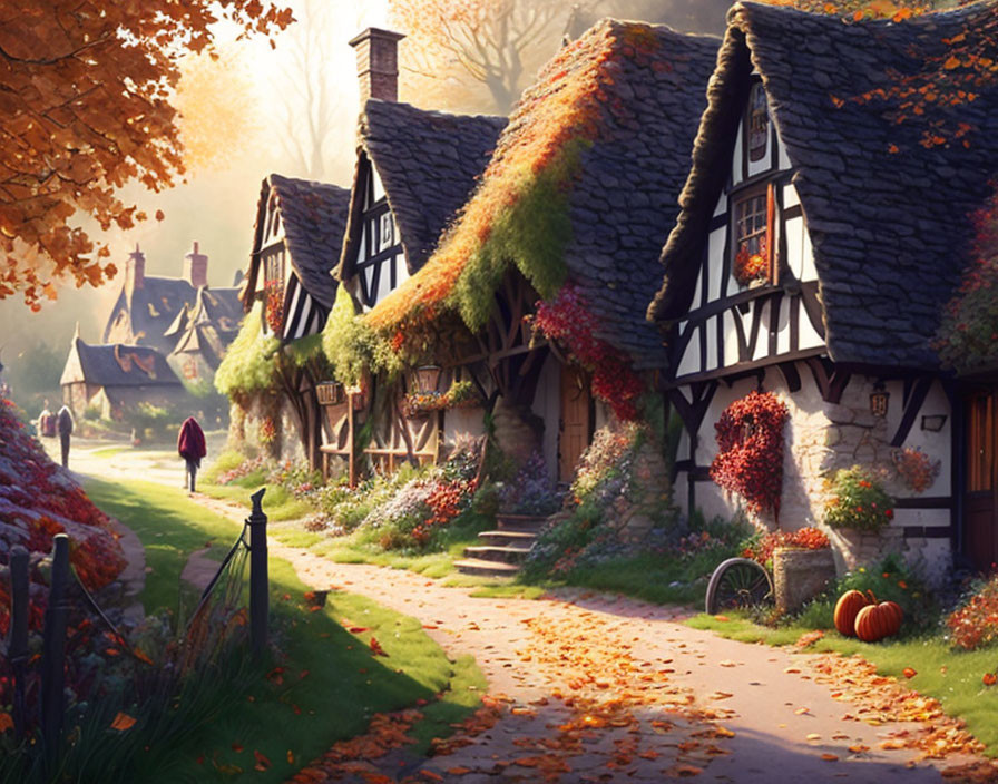 Thatched-roof cottages with ivy in fall village scene