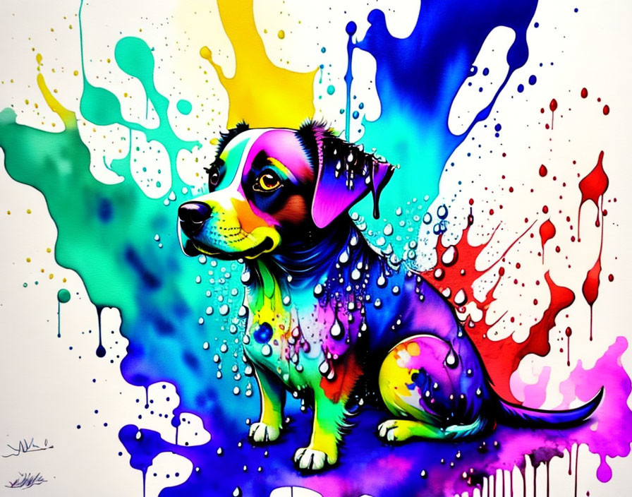 Colorful Dog Painting with Multicolored Splashes Background